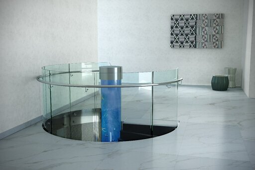 Aqua - Bogentreppen mit künstlichem Aquarium und gebogen Glasgeländer Siller